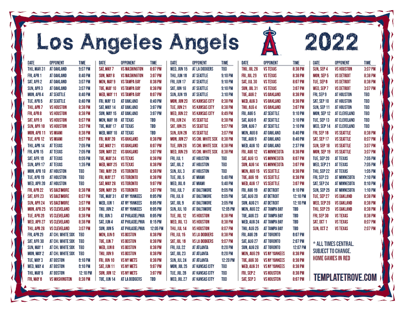 Printable 2022 Los Angeles Angels Schedule