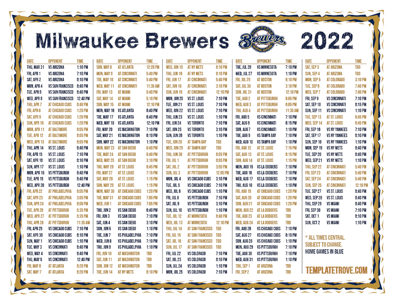 Printable 2022 Milwaukee Brewers Schedule