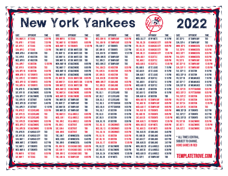 Printable 2022 New York Yankees Schedule