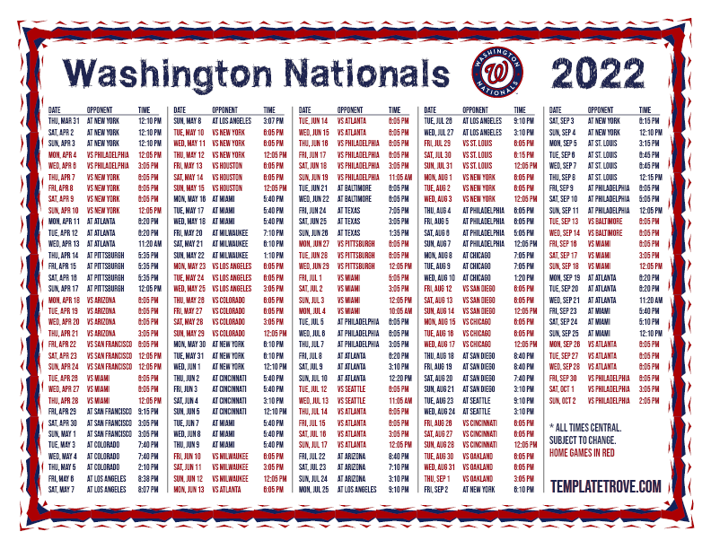 Washington Nationals 2022 Printable Schedule - Customize and Print