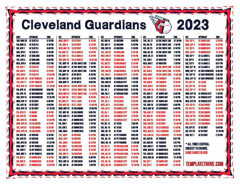 CT 2023 Cleveland Guardians Printable Schedule PNG 