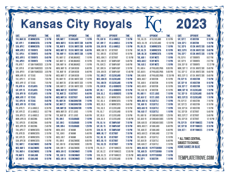 Kansas City Royals Printable Schedule