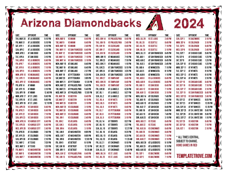 Printable 2024 Arizona Diamondbacks Schedule