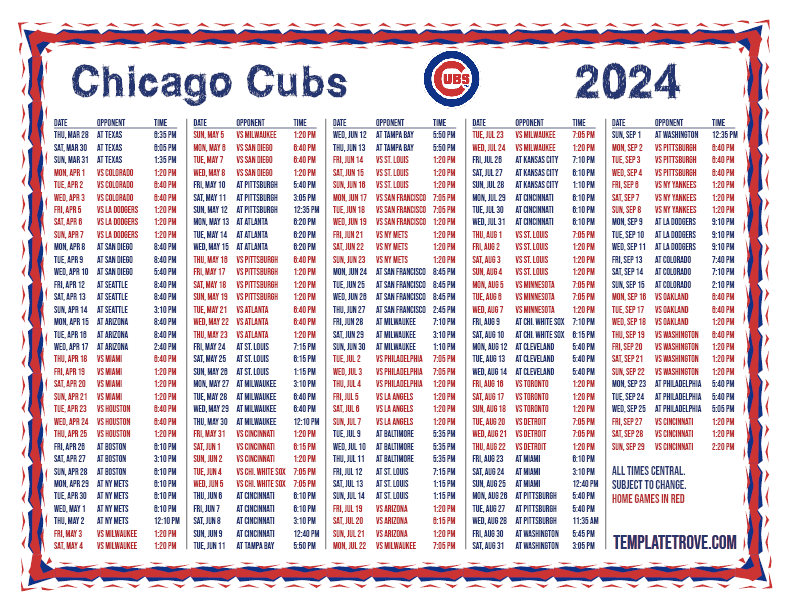 CT 2024 Chicago Cubs Printable Schedule PNG 