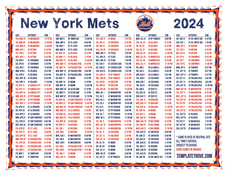 Printable 2024 New York Mets Schedule