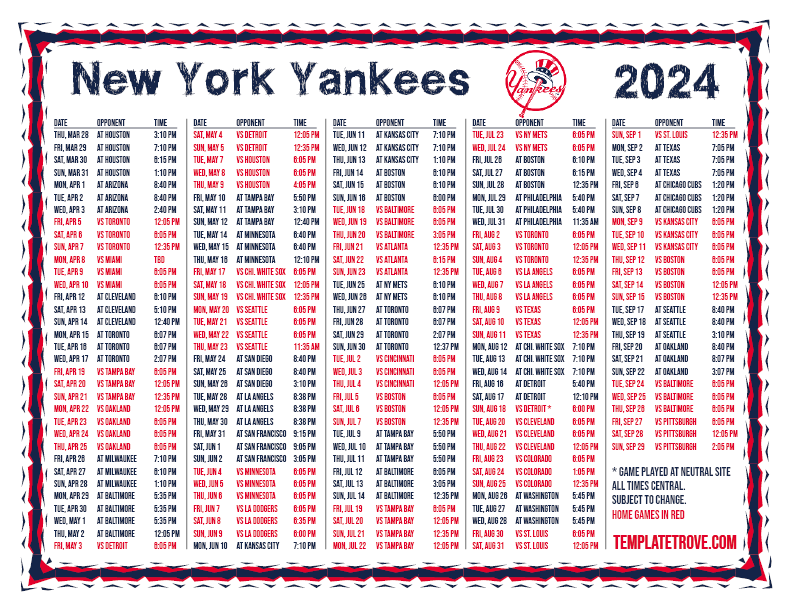 CT 2024 New York Yankees Printable Schedule PNG 