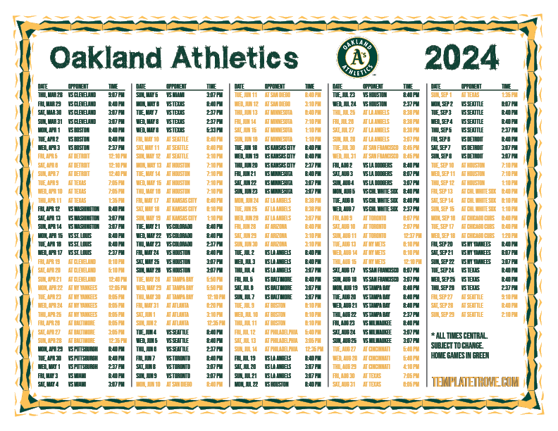CT 2024 Oakland Athletics Printable Schedule PNG 