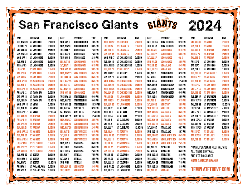 CT 2024 San Francisco Giants Printable Schedule PNG 