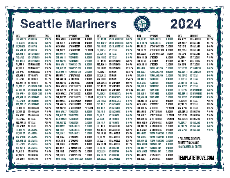 CT 2024 Seattle Mariners Printable Schedule PNG 