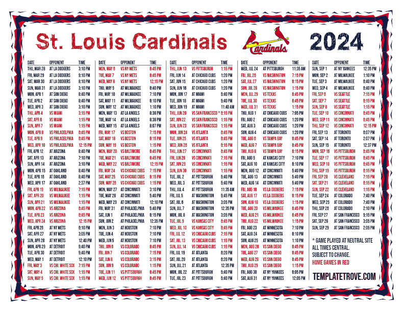 CT 2024 St Louis Cardinals Printable Schedule PNG 