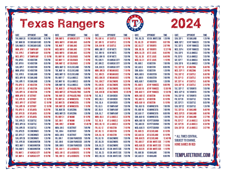 Printable 2024 Texas Rangers Schedule