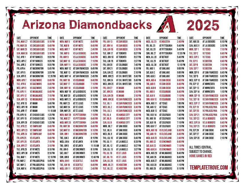 Printable 2025 Arizona Diamondbacks Schedule