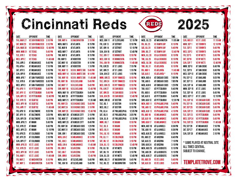 Cincinnati Reds 2025 Schedule Printable