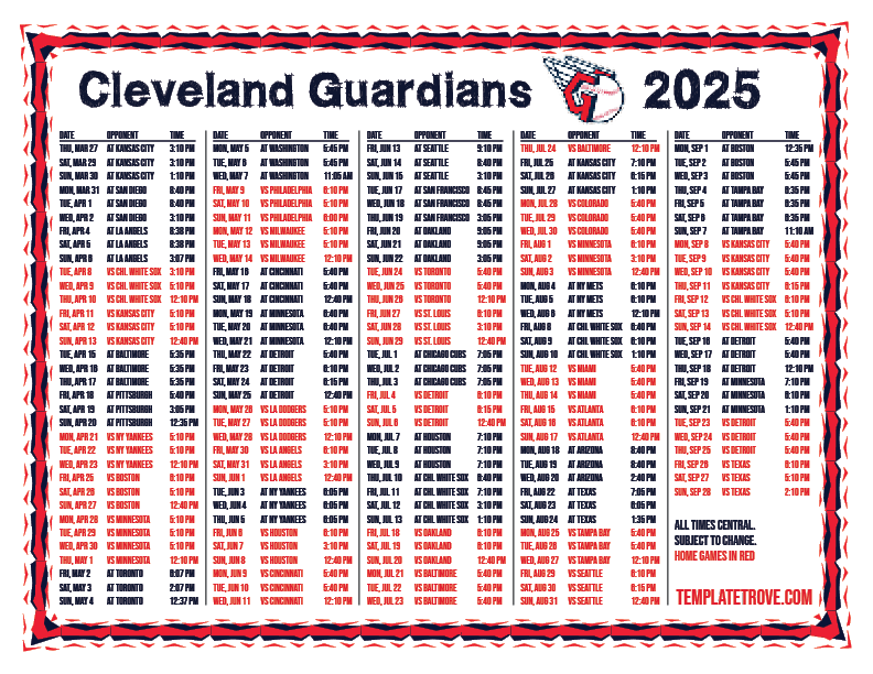 Printable 2025 Cleveland Guardians Schedule