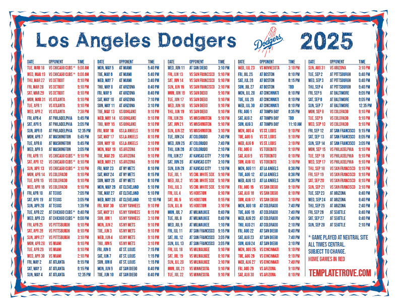 Printable 2025 Los Angeles Dodgers Schedule