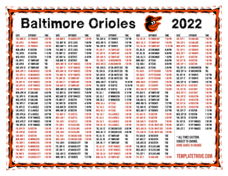 Eastern Times 2022 Baltimore Orioles Printable Schedule
