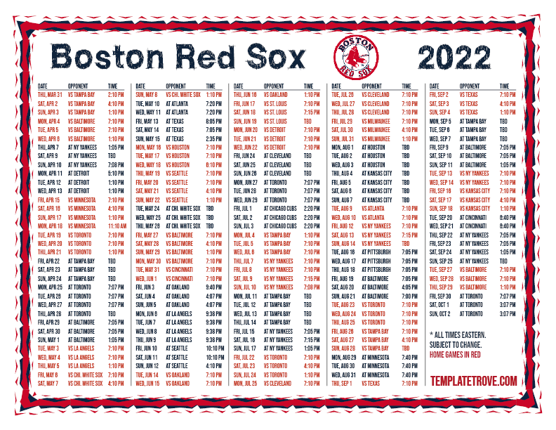 Printable 2022 Boston Red Sox Schedule