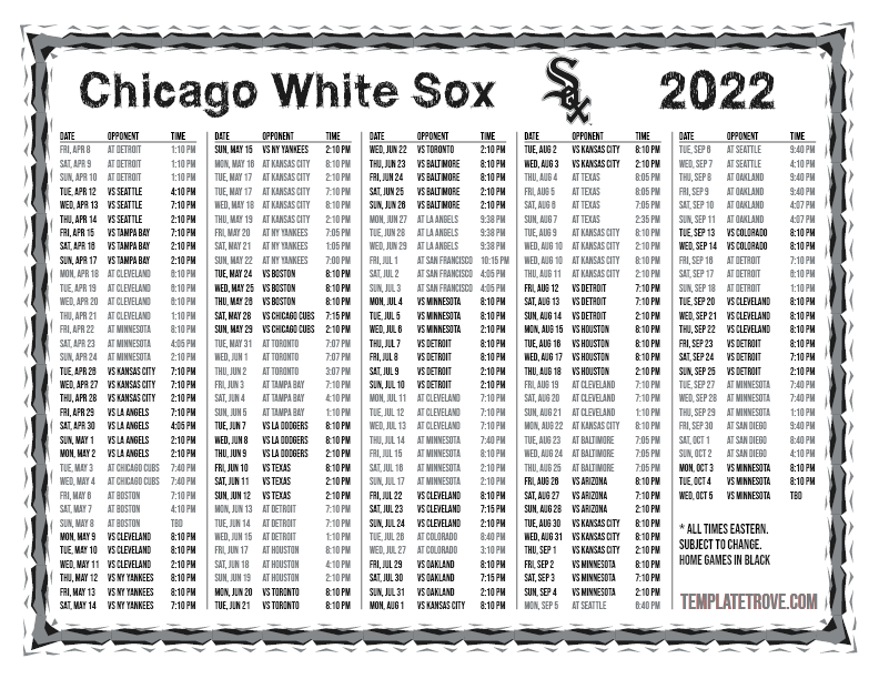 Printable 2022 Chicago White Sox Schedule
