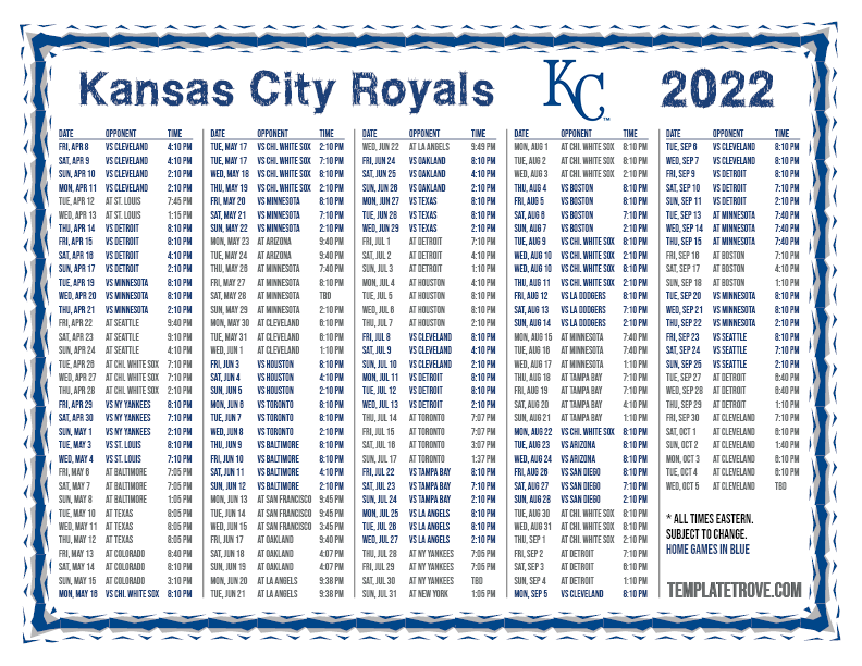 Printable 2022 Kansas City Royals Schedule