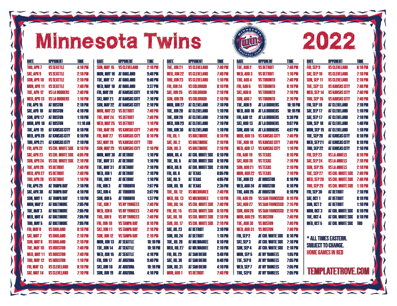 Minnesota Twins Schedule 2022 Printable Customize and Print