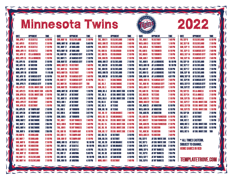 Minnesota Twins Schedule 2022 Printable Customize And Print