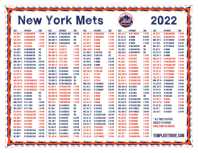 Printable 2022 New York Mets Schedule
