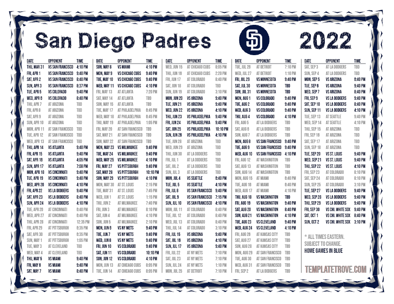 Printable 2022 San Diego Padres Schedule