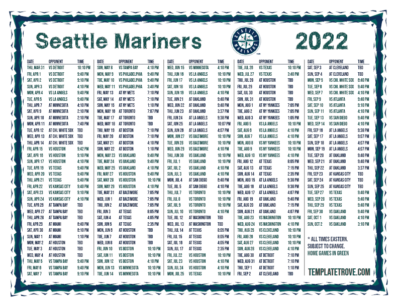 Printable 2022 Seattle Mariners Schedule