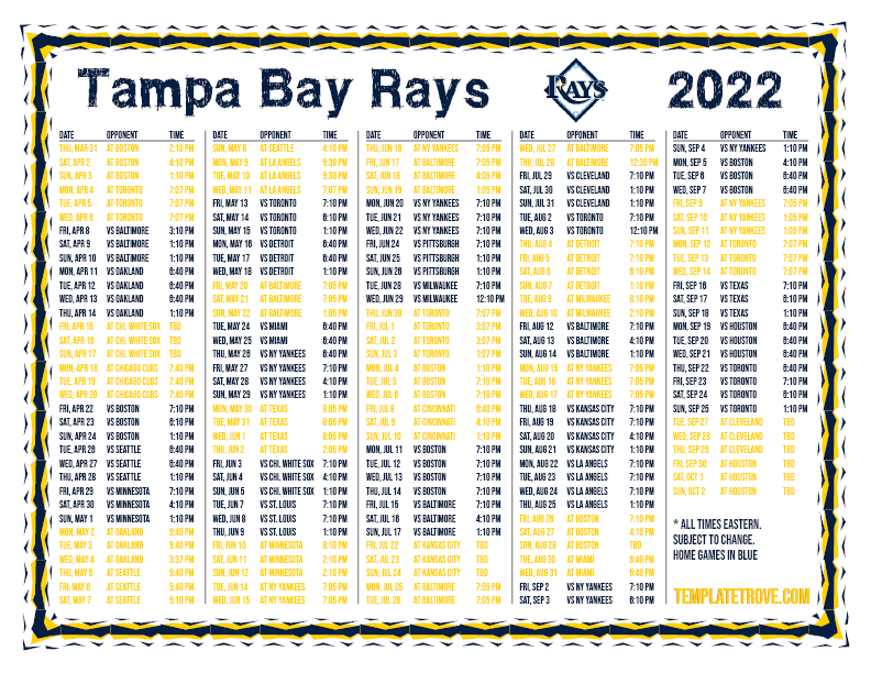 Tampa Bay Rays Printable Schedule - Printable World Holiday