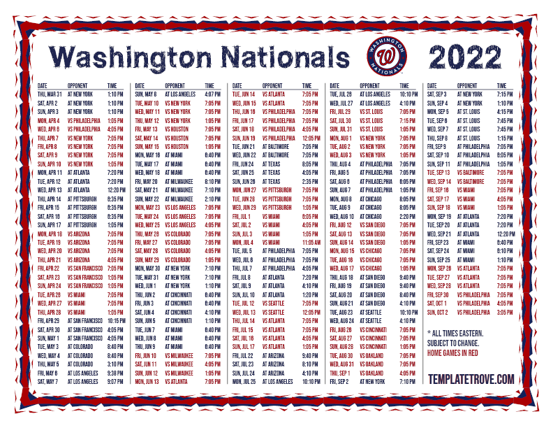Printable 2022 Washington Nationals Schedule
