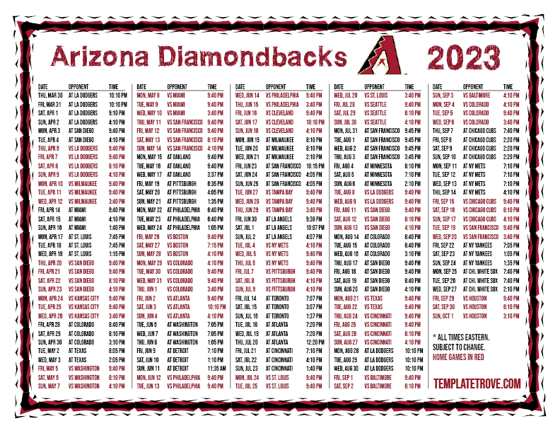 Printable 2023 Arizona Diamondbacks Schedule