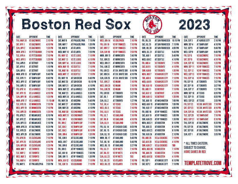 Red Sox Calendar Schedule Graphics