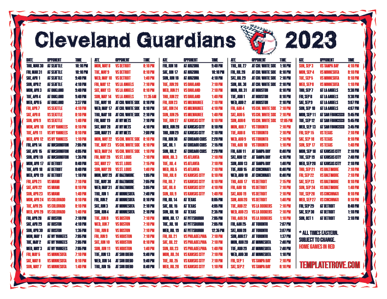 Cleveland Guardians Printable Schedule