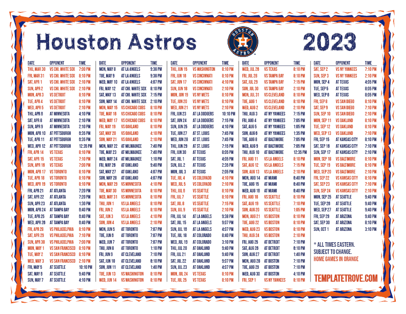 Houston Astros 2023 Printable Schedule 2023 Calendar Printable