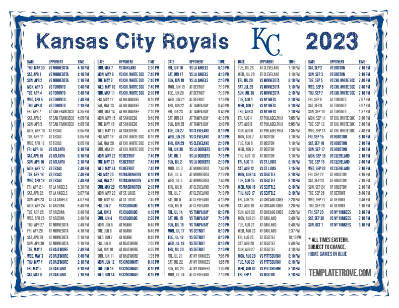 Printable 2023 Kansas City Royals Schedule