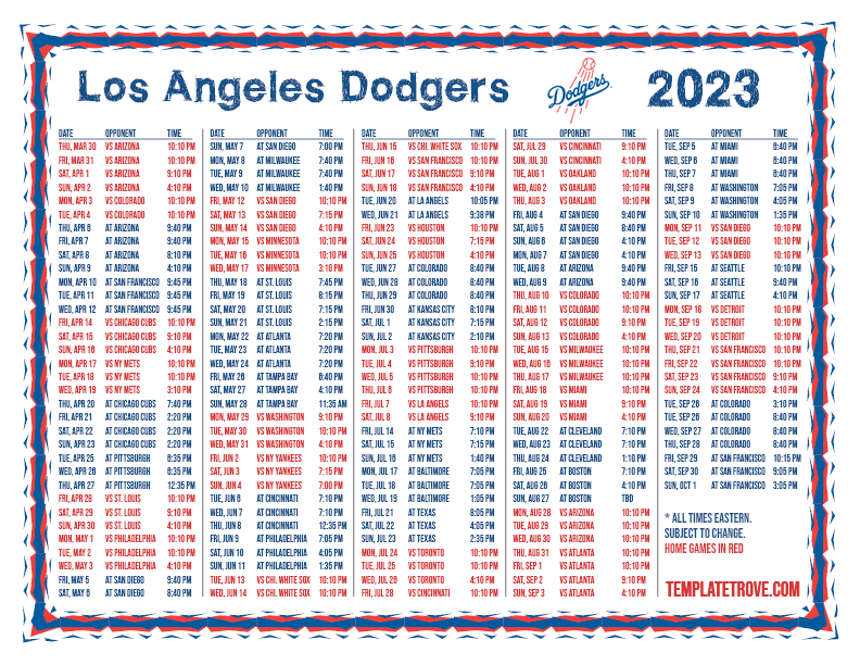 Printable 2023 Los Angeles Dodgers Schedule
