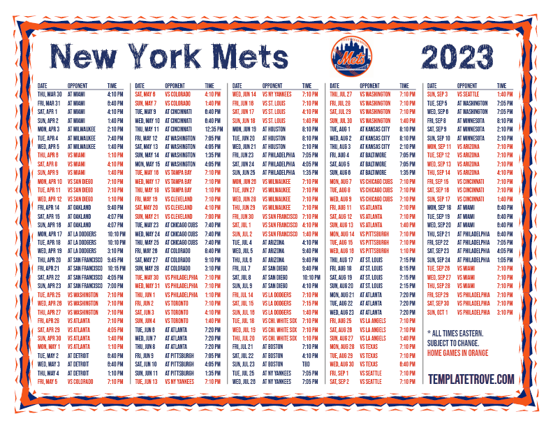 Printable 2023 New York Mets Schedule