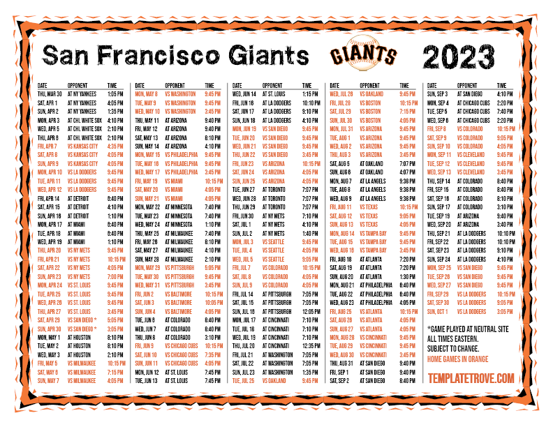 ET 2023 San Francisco Giants Printable Schedule PNG 