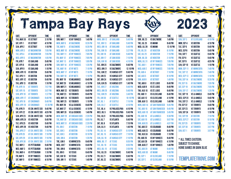 Printable 2023 Tampa Bay Rays Schedule