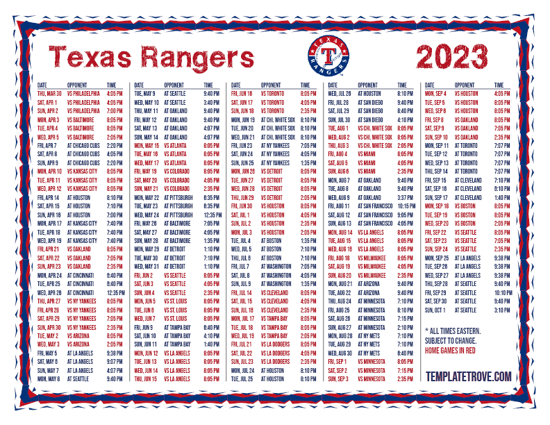 Printable 2023 Texas Rangers Schedule