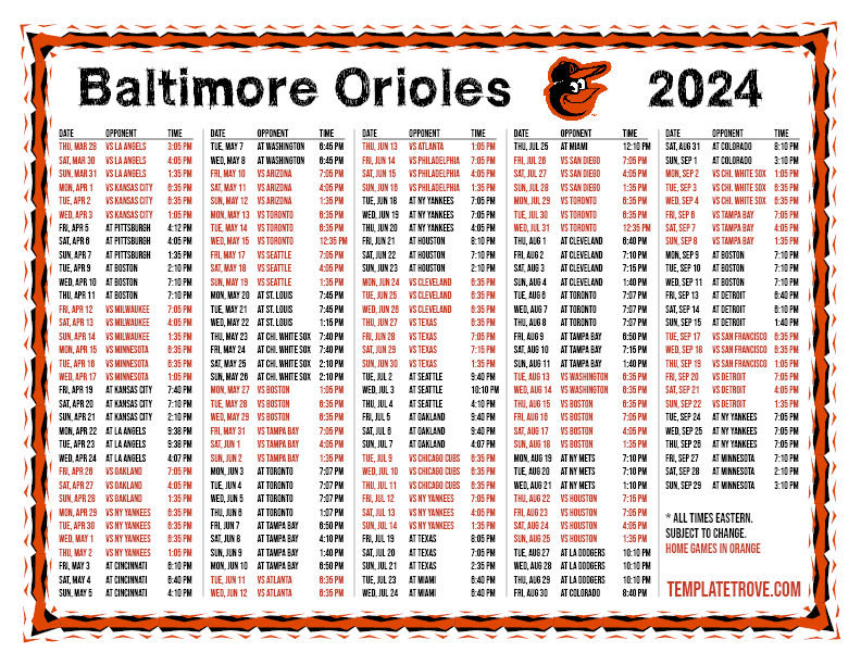 Printable 2024 Baltimore Orioles Schedule