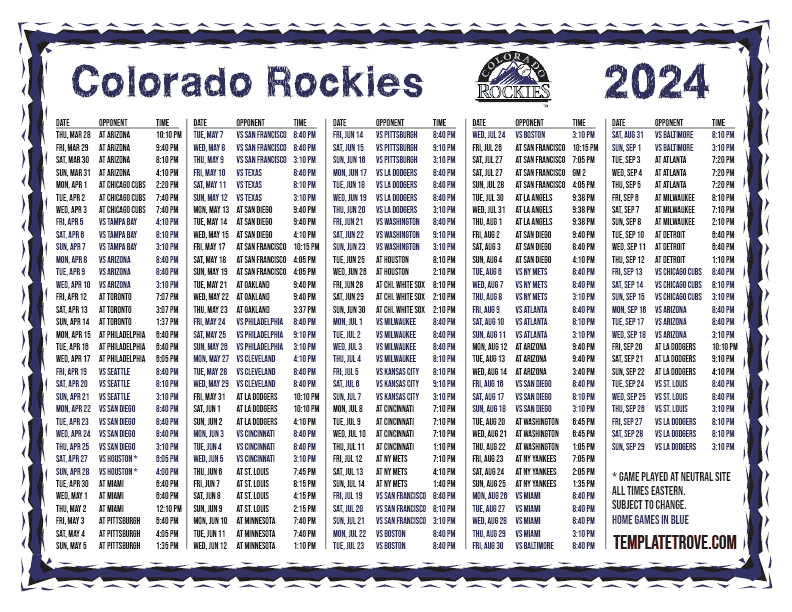 Printable 2024 Colorado Rockies Schedule