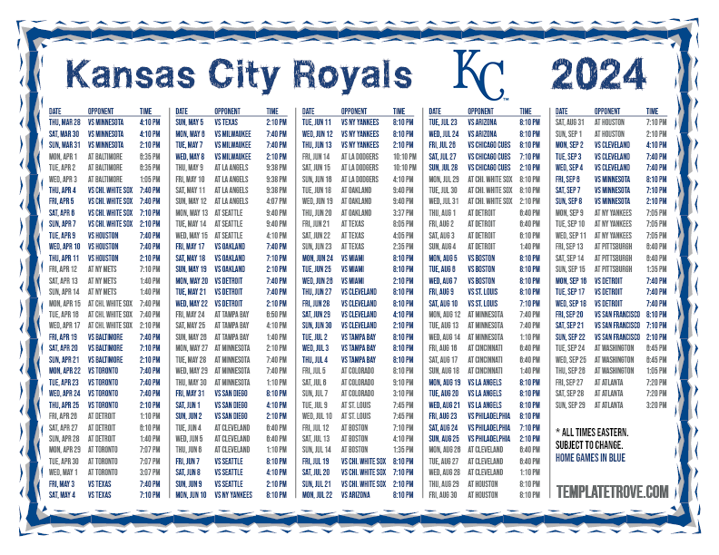 Printable 2024 Kansas City Royals Schedule