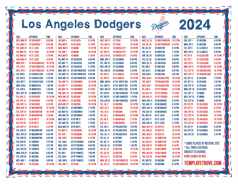 ET 2024 Los Angeles Dodgers Printable Schedule PNG 