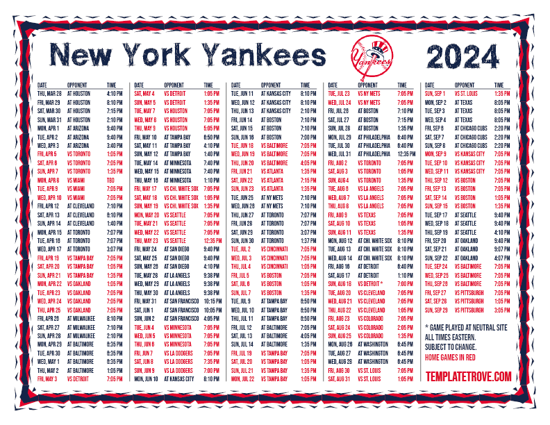 ET 2024 New York Yankees Printable Schedule PNG 