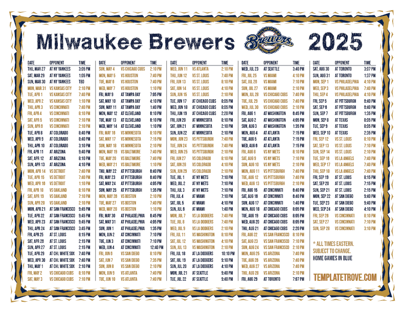 Printable 2025 Milwaukee Brewers Schedule