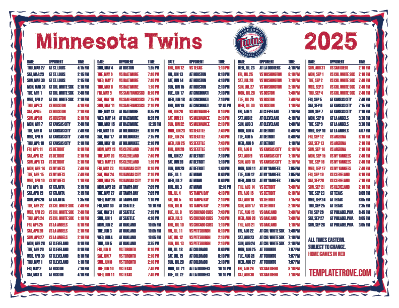 Printable 2025 Minnesota Twins Schedule