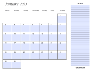 Fillable Calendar 2033