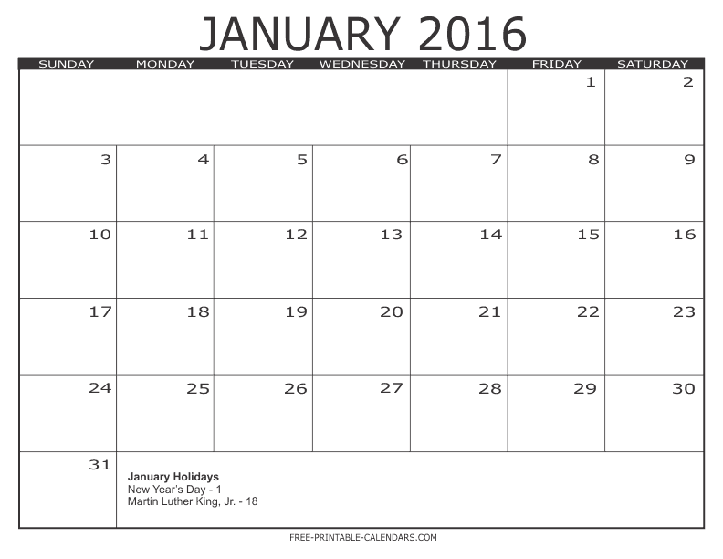 Basic Free Printable Monthly Calendar