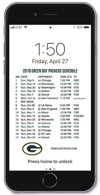 2018 Green Bay Packers Lock Screen Schedule